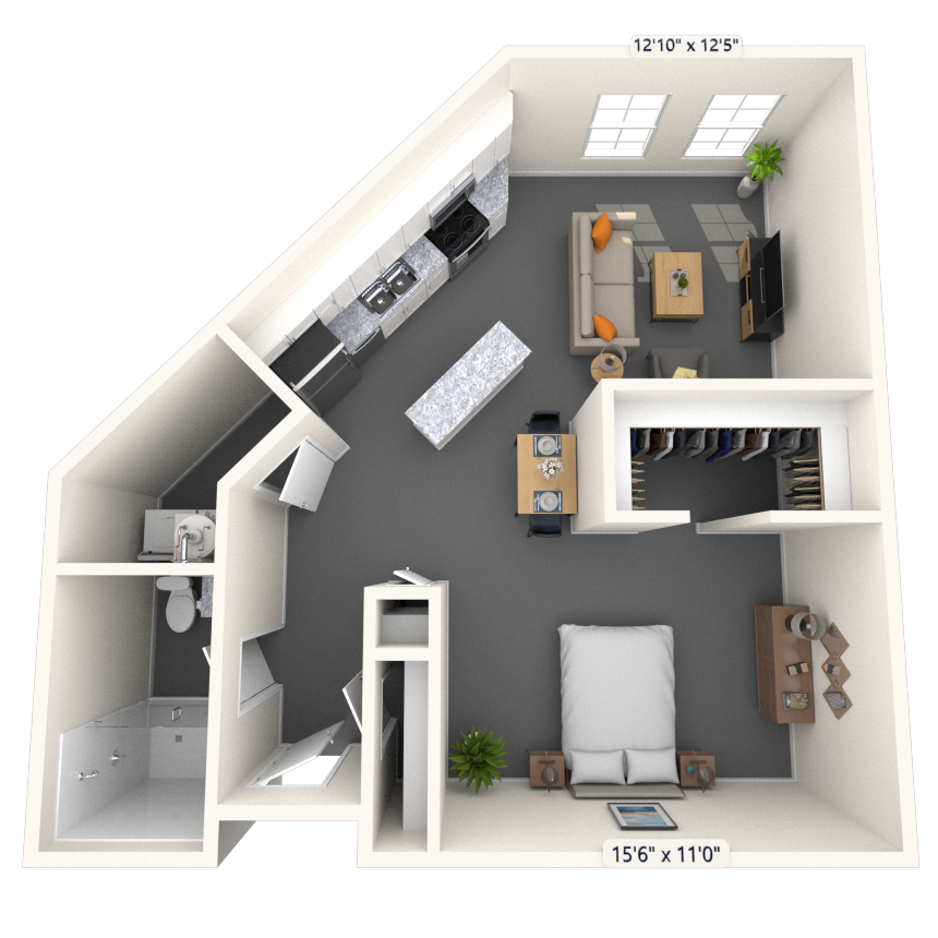 Floor plan for studio, 1 bath, 713 sqft